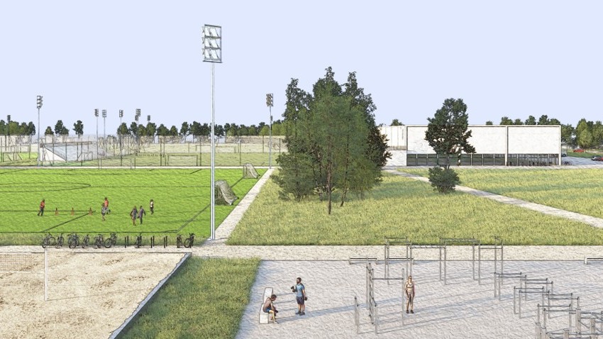 So könnte das Areal dereinst aussehen: Mit Fussballfeldern, Beachvolleyball, Fitness- und Begegnungszonen für alle Generationen. (Illustration Stadt Bülach)