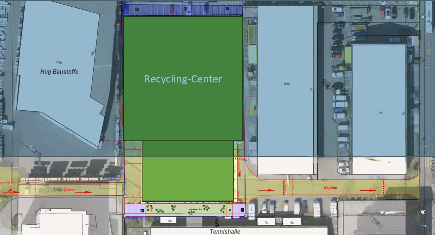 So ist das Recycling-Center in Bülach geplant: Die Visualisierung zeigt Lage, Zufahrt und Verkehrsführung. (zvg)