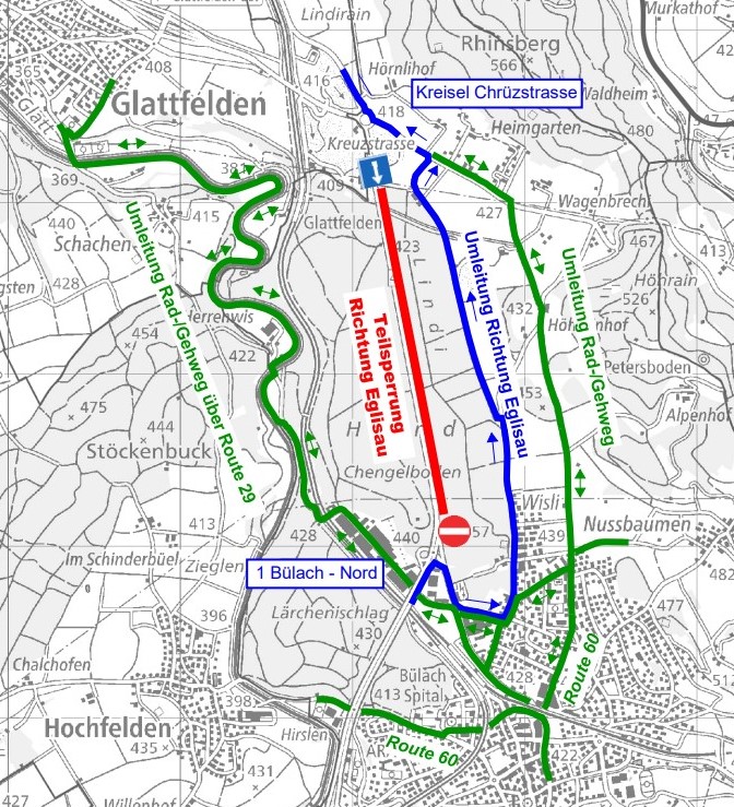 grün= Veloweg / blau = motorisierter Individualverkehr